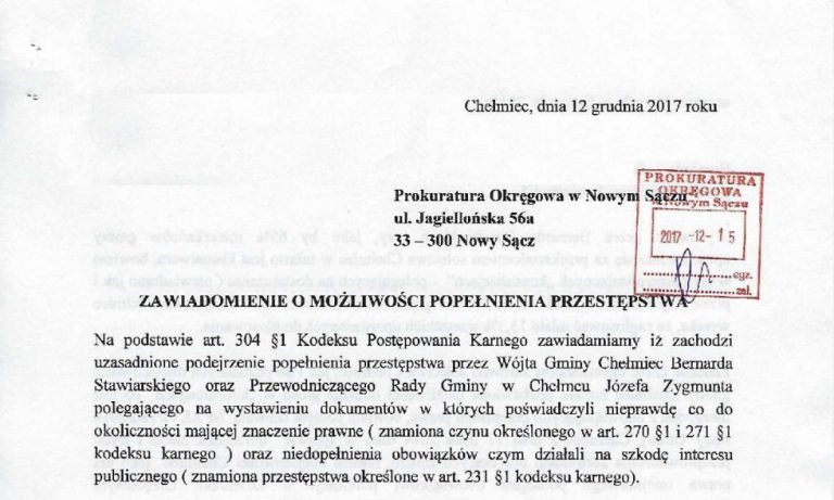 Jest donos do prokuratury na wójta Chełmca i przewodniczącego rady gminy. Chodzi o konsutacje społeczne