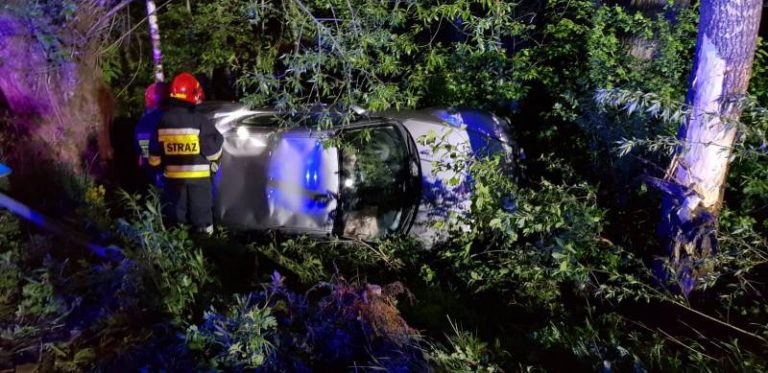 Samochód wypadł z drogi i wylądował na boku w zaroślach