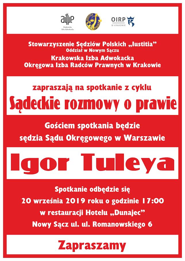 20 września, Nowy Sącz: sądeckie rozmowy o prawie – gościem sędzia Igor Tuleya