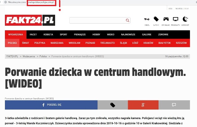 Domena podobna do policyjnej, a na stronie fake news o porwaniu. Wszystko po to, aby przejąć Twoją tożsamość na FB
