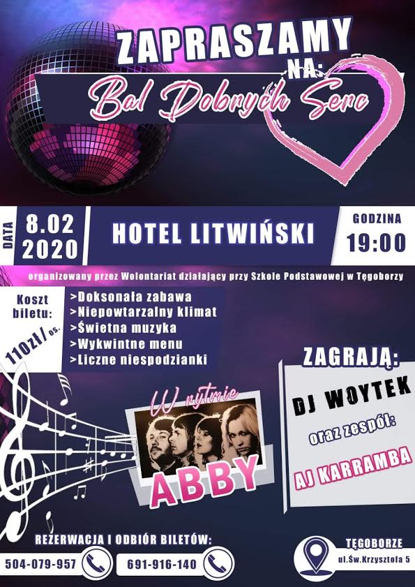 plakat; Bal Dobrych Serc w hotelu Litwiński, 8 lutego, godzina 19.