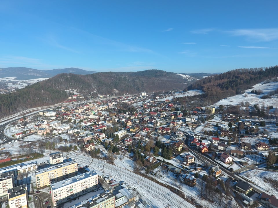 Muszyna, zima, widok z lotu ptaka