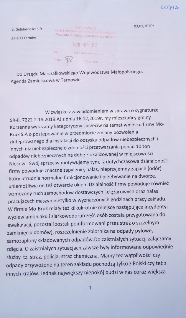 treść pisma mieszkańców Korzennej do marszałka