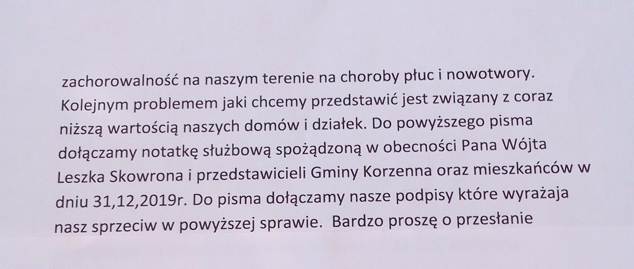 "kolejny problem jaki chcemy przedstawić jest związany z coraz niższą wartością naszych domów i działek" ; fragment pisma mieszkańców Korzennej