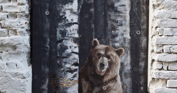 galeria na Wąskiej w Nowym Sączu, mural z niedźwiedziem
