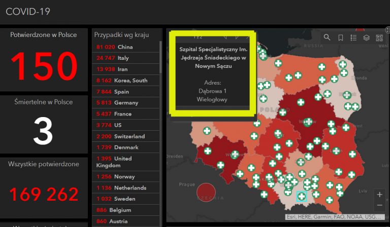 Zobacz mapę z oznaczeniem ognisk COVID-19 w Polsce. Na wynik testu czeka jeden pacjent sądeckiego szpitala