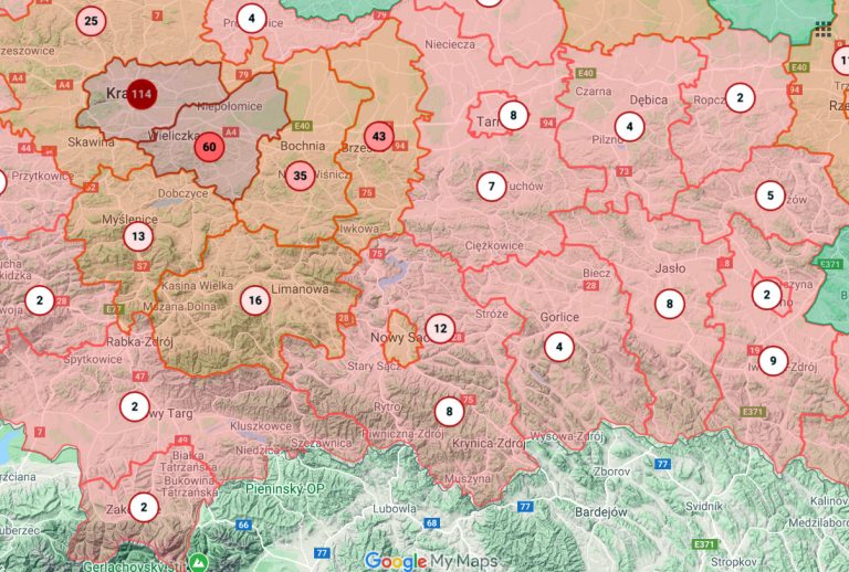 Mapa zachorowań z danymi z powiatów