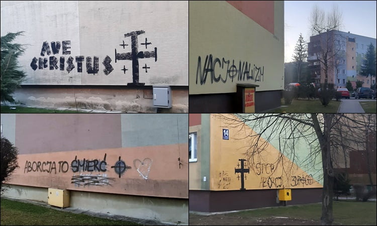 Nowy Sącz. Kto stoi za zniszczeniem elewacji kilkunastu budynków? Na ścianach ,,nacjonalizm”, ,,aborcja to śmierć” oraz krzyże