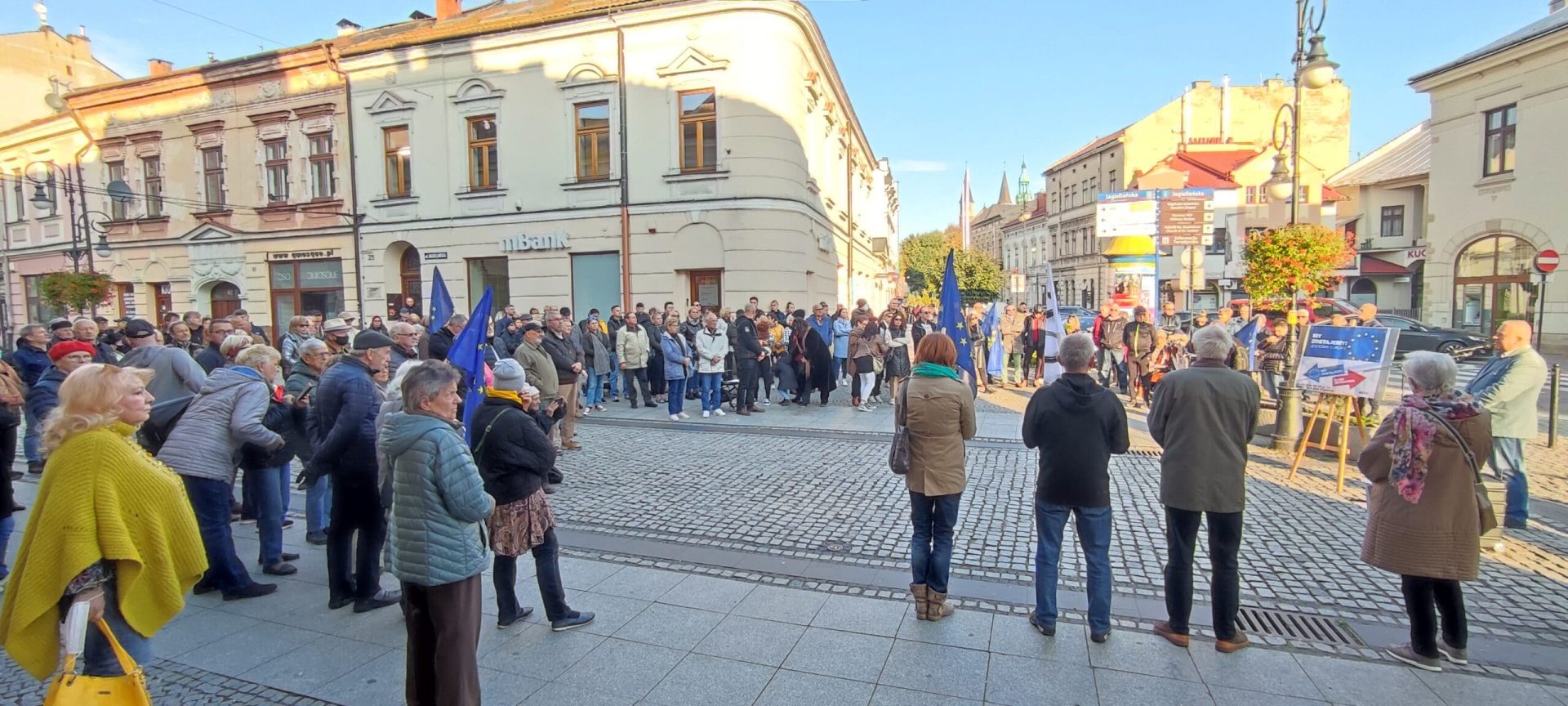Antyrządowa demonstracja w Nowym Sączu, protest w obronie obecności Polski w UE
