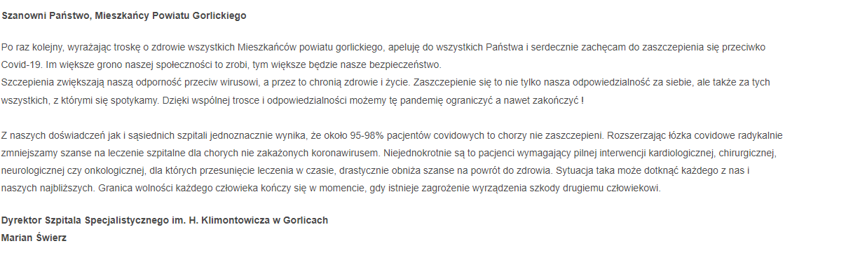 apel, koronawirus, szpital w Gorlicach, Marian Świerz