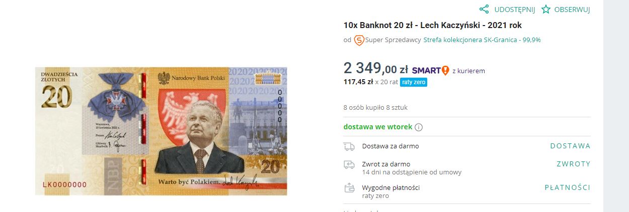 banknot Lech Kaczyński aukcja allegro