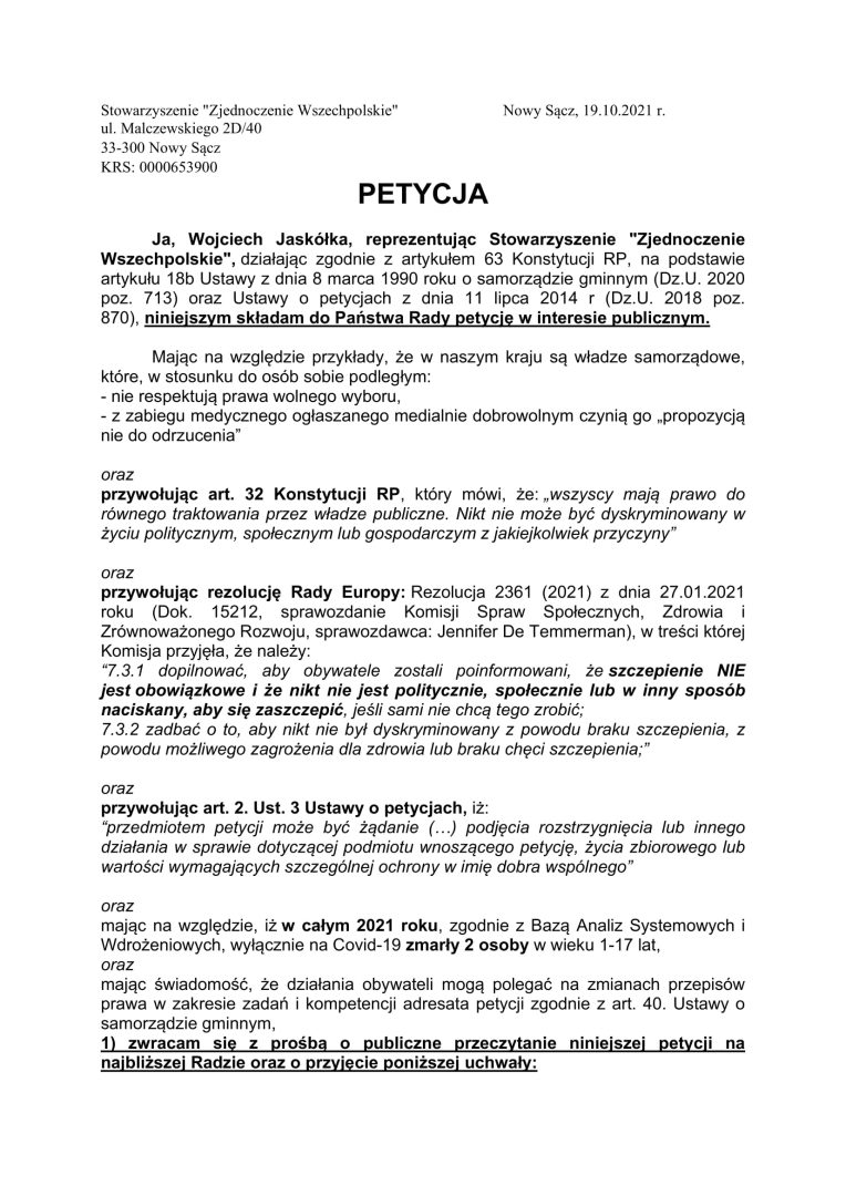 petycja, uchwała, segregacja COVID-19