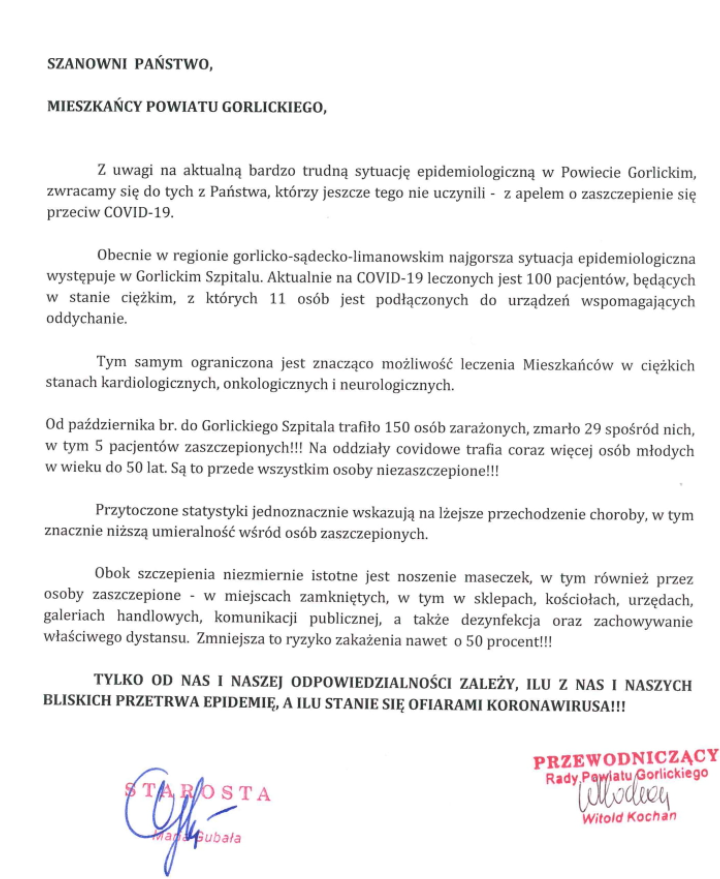 apel, koronawirus, szpital w Gorlicach, Marian Świerz