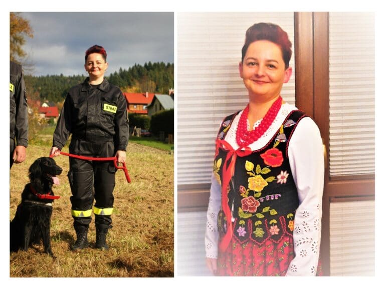Barbara Stożek mundur strażacki łączy z ludowym strojem