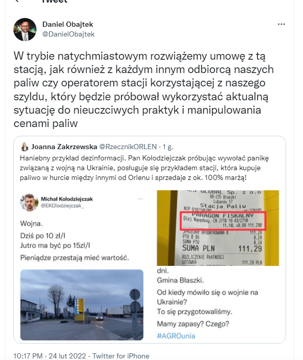 Obajtek, ceny stacji paliw na Sądecczyźnie
