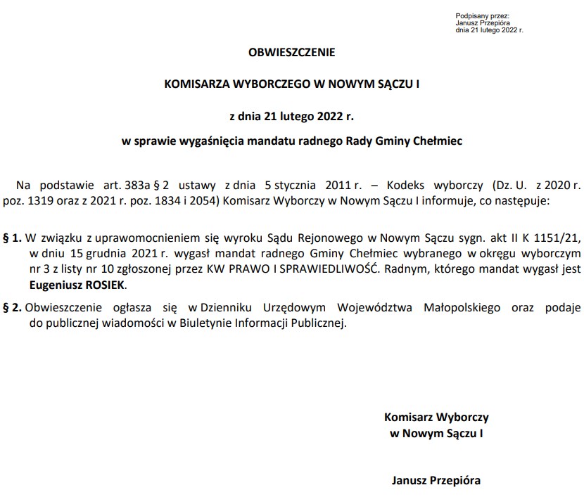 radny Eugeniusz Rosiek, radny PIS