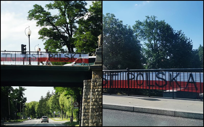 Tu jest Polska, baner w barwach narodowych, flaga, Nowy Sącz, Aktywiści Nowy Sącz, Mariusz Bożyk, most lwowski