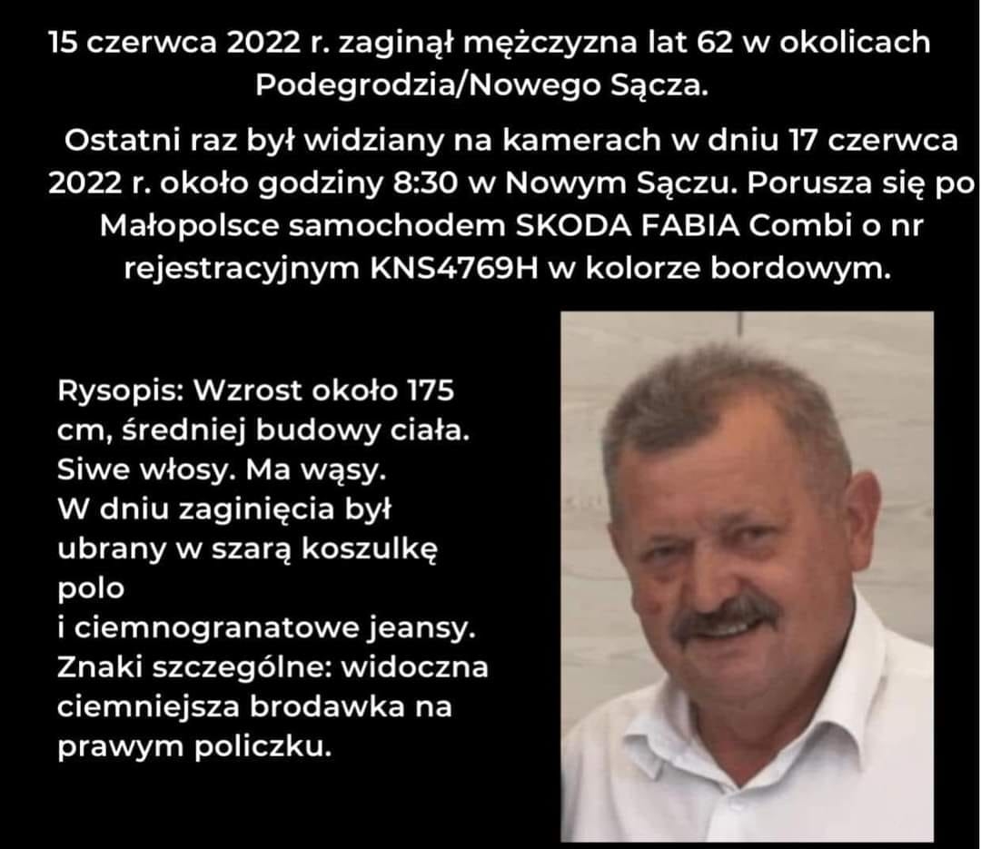 Zaginiony 62-latek, Podegrodzie, Nowy Sącz