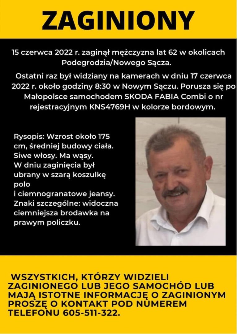 Zaginiony 62-latek, Podegrodzie, Nowy Sącz