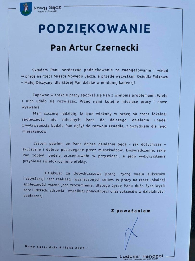 zarząd osiedla Falkowa, Artur Czernecki, przewodniczący osiedla Falkowa
