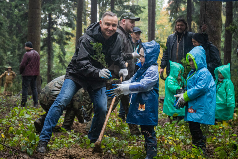 Prezydent Andrzej Duda sadził cisy w podsądeckim lesie
