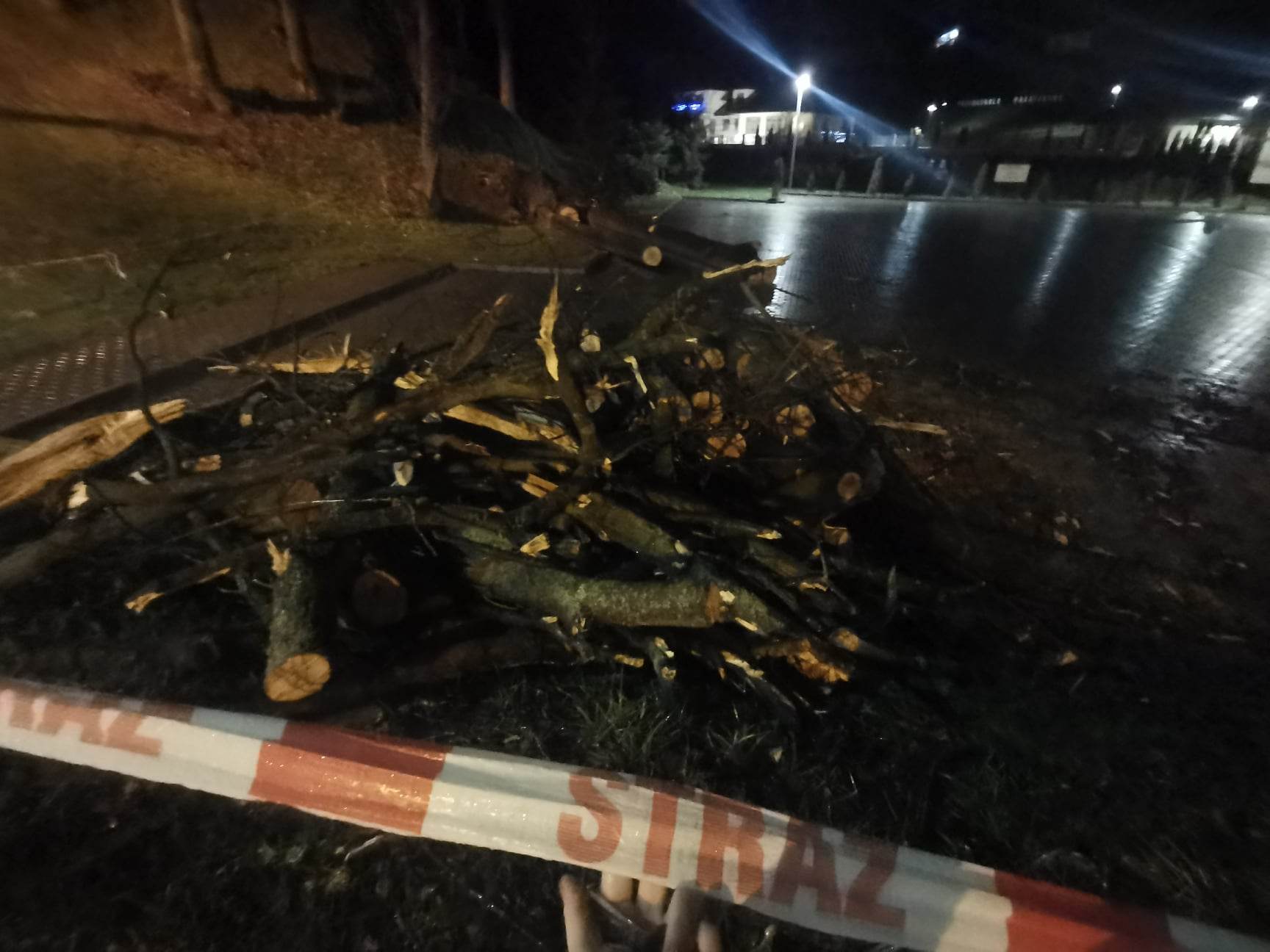 Grybów, uszkodzone pojazdy, wycinka drzew, Bazylika Mniejsza, parking