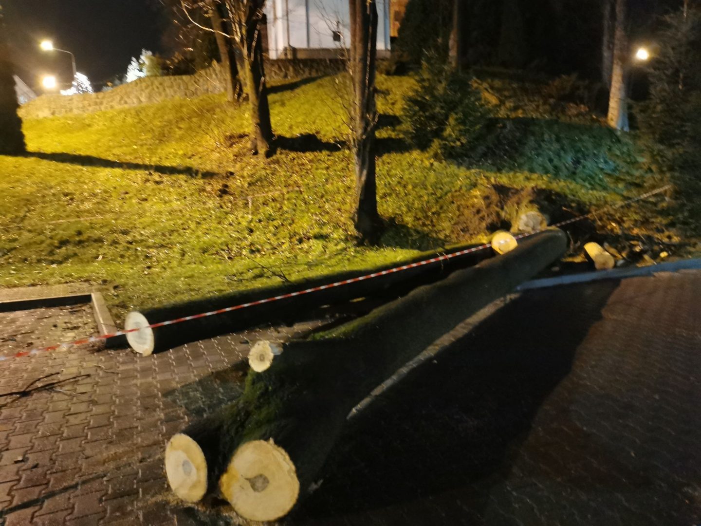 Grybów, uszkodzone pojazdy, wycinka drzew, Bazylika Mniejsza, parking