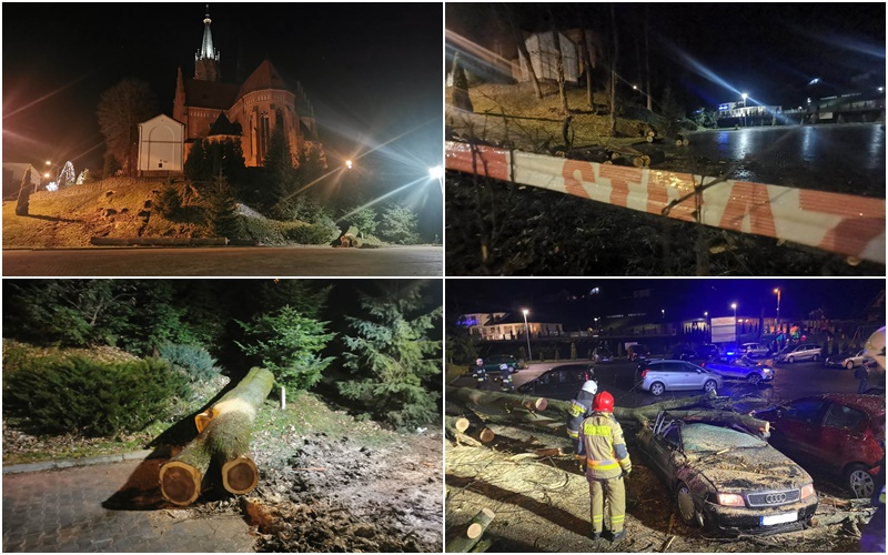 Grybów, uszkodzone pojazdy, wycinka drzew, Bazylika Mniejsza, parking