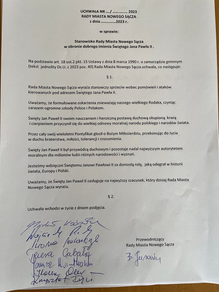 JPII, stanowisko, uchwała, projekt uchwał, Nowy Sącz w obronie Jana Pawła II