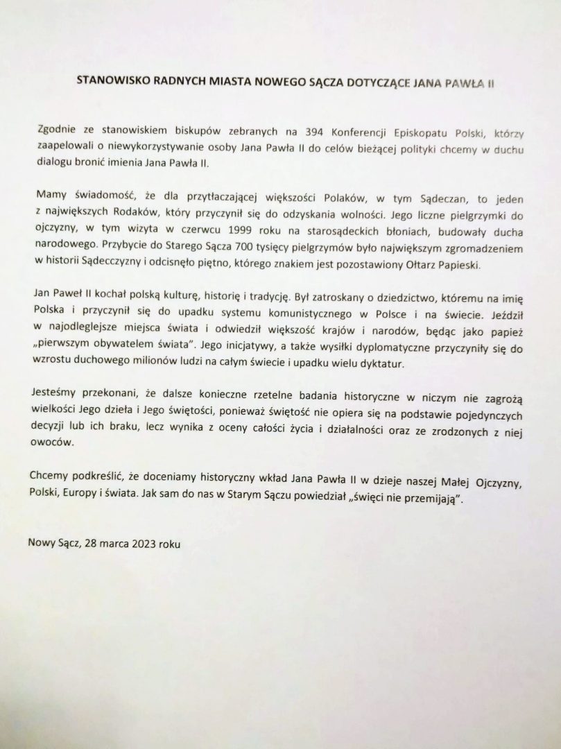 JPII, stanowisko, uchwała, projekt uchwał, Nowy Sącz w obronie Jana Pawła II