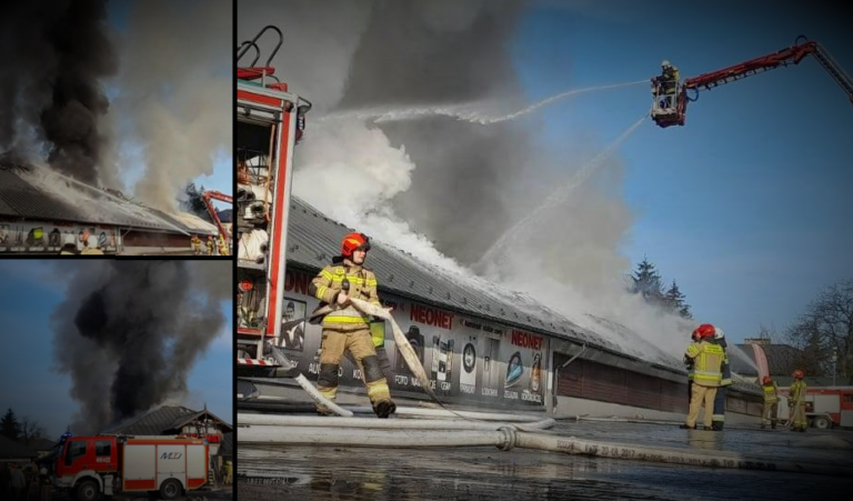 Pożar sklepu Neonet w Gorlicach. Zawaliła się część dachu [zdjęcia, film]