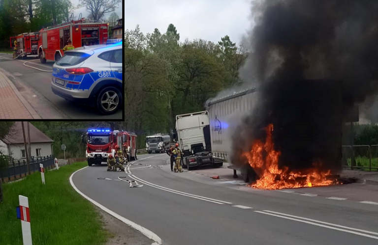 Pożar naczepy. Na miejscu pracuje Straż Pożarna oraz Policja (zdjęcia)