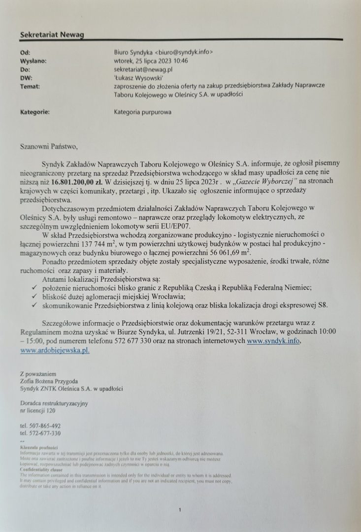 ZNTK OLEŚNICA PRZETARG