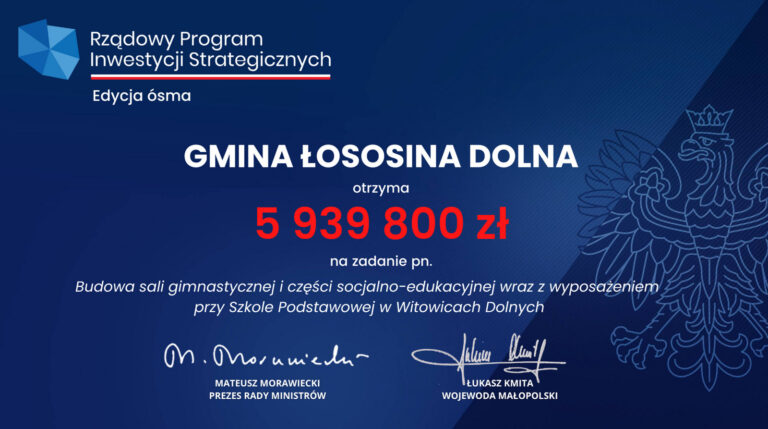Gmina Łososina Dolna ma duże dofinansowanie na budowę sali gimnastycznej w Witowicach Dolnych