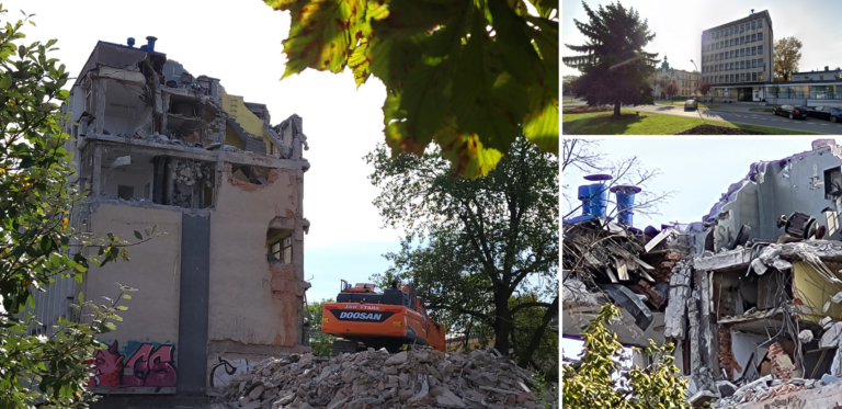 Nowy Sącz, Aleje Wolności. Trwa burzenie dawnej siedziby PKO i PZU