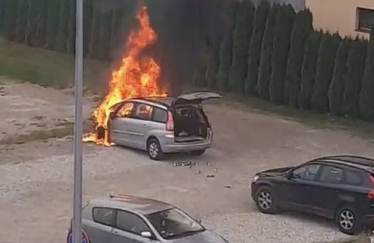 Nowy Sącz. Przy Powiatowym Urzędzie Pracy zapalił się samochód. Trwa akcja gaśnicza