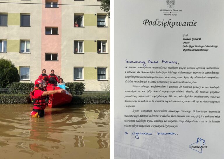 Ich odwaga to przykład ludzkiej solidarności. Wojewoda opolska podziękowała sądeckiemu WOPR za działania na rzecz powodzian