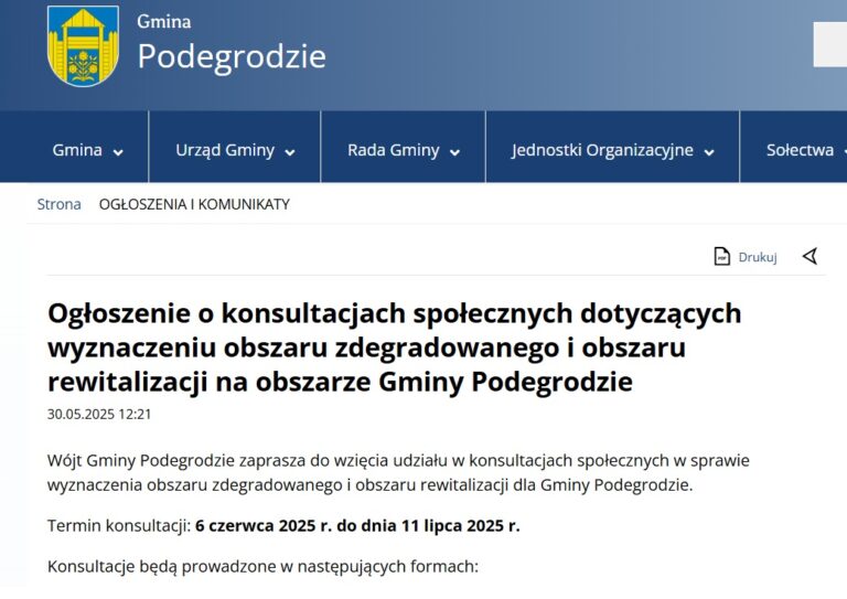 Ogłoszenie o konsultacjach społecznych dotyczących wyznaczeniu obszaru zdegradowanego i obszaru rewitalizacji na obszarze Gminy Podegrodzie