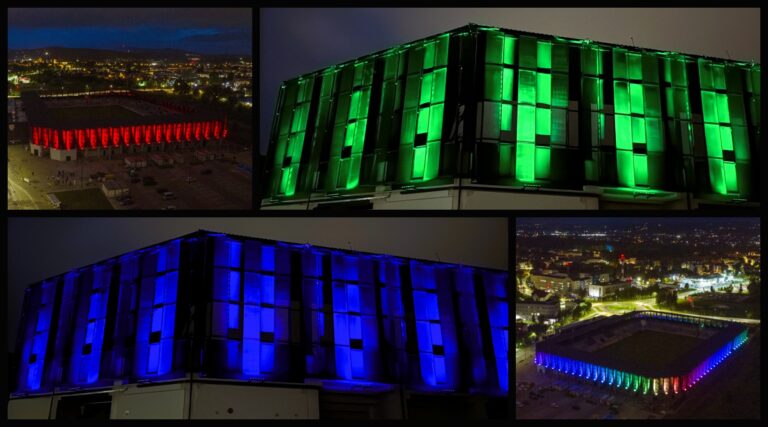 Kolorowa iluminacja stadionu w Nowym Sączu [FILM, ZDJĘCIA]