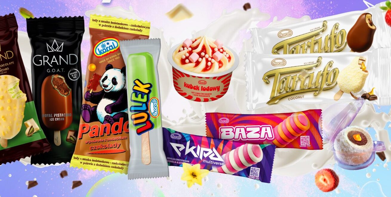 A colorful collage of assorted wrapped candies, chocolate bars, and ice cream treats against a pastel splash background, showcasing many brands and flavors.