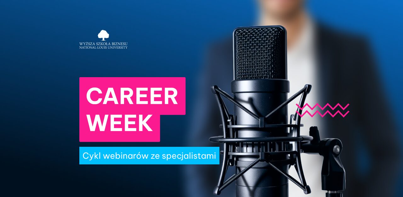 Promotional banner for Career Week with a close-up microphone, bold pink 'CAREER WEEK' text and blue subtitle about expert webinars; university logo top left.