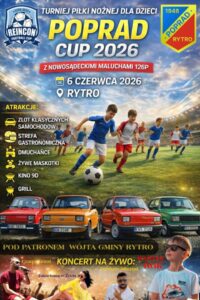 Poster for Poprad Cup 2026: children's soccer tournament in Rytro with teams playing on a grassy field and classic cars lineup; events and live concert listed.