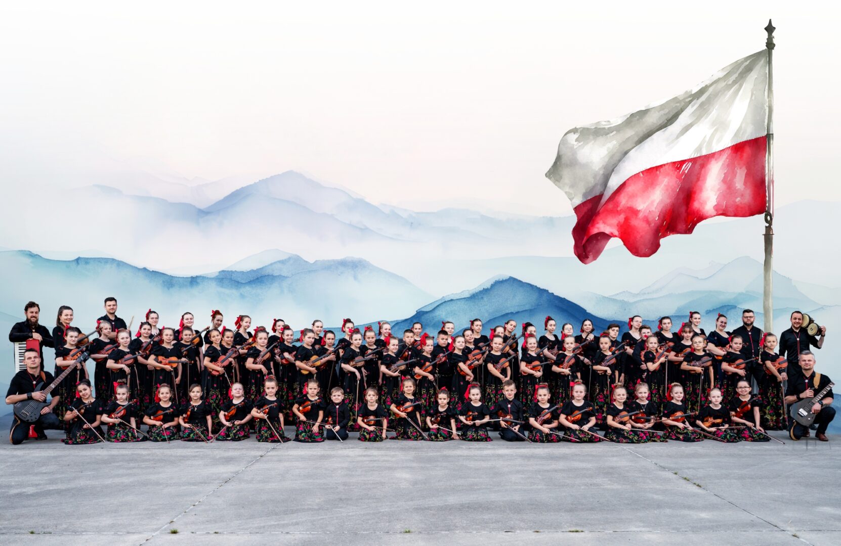 Large group of violinists and choir members posing outdoors with a waving Polish flag against misty blue mountains.