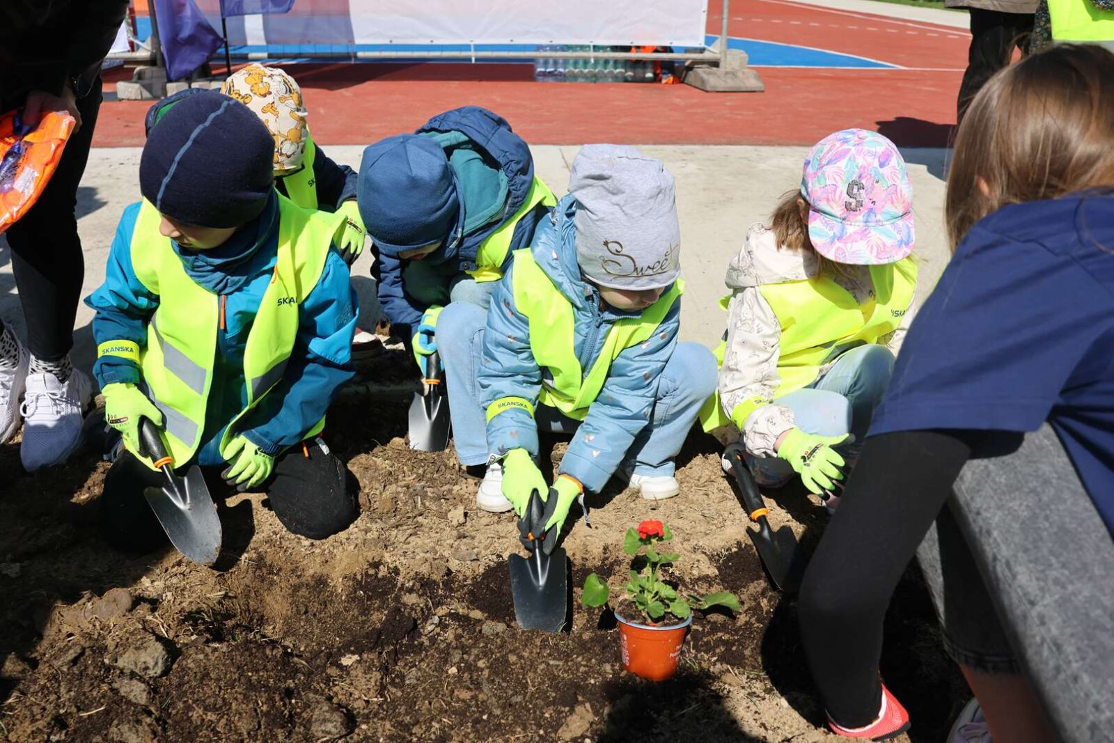 Group of children in neon vests planting a small potted plant in soil with shovels nearby.