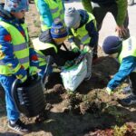 Children in neon safety vests plant a small sapling, filling a dug hole with soil from a bag as part of a outdoor cleanup event.