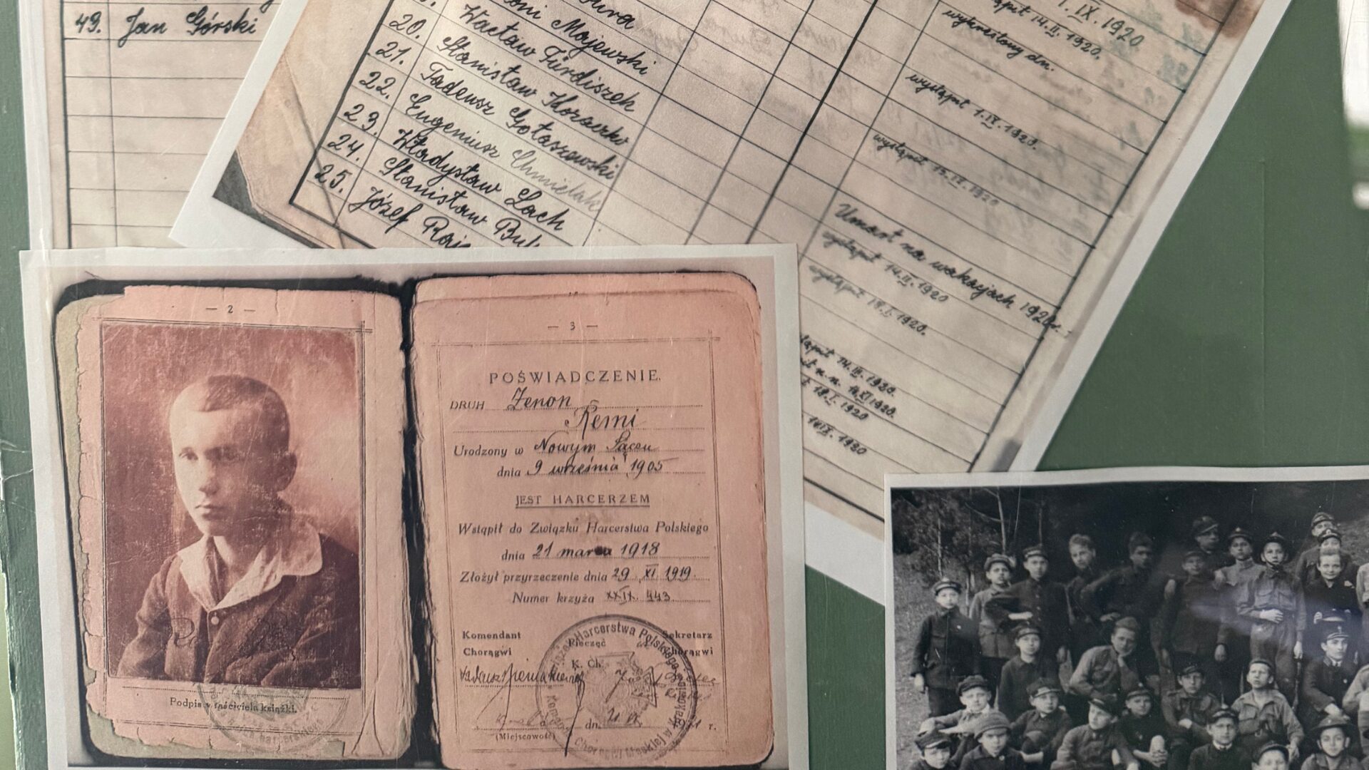 Collage of vintage documents: handwritten ledger pages, a pink ID booklet, and a sepia portrait photo.