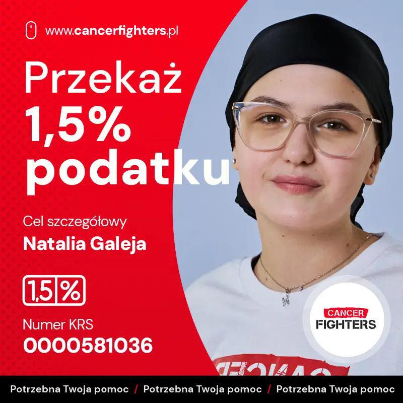 Polish fundraising poster urging to donate 1.5% tax to Cancer Fighters; woman with a headscarf on red/blue background, campaign text visible.