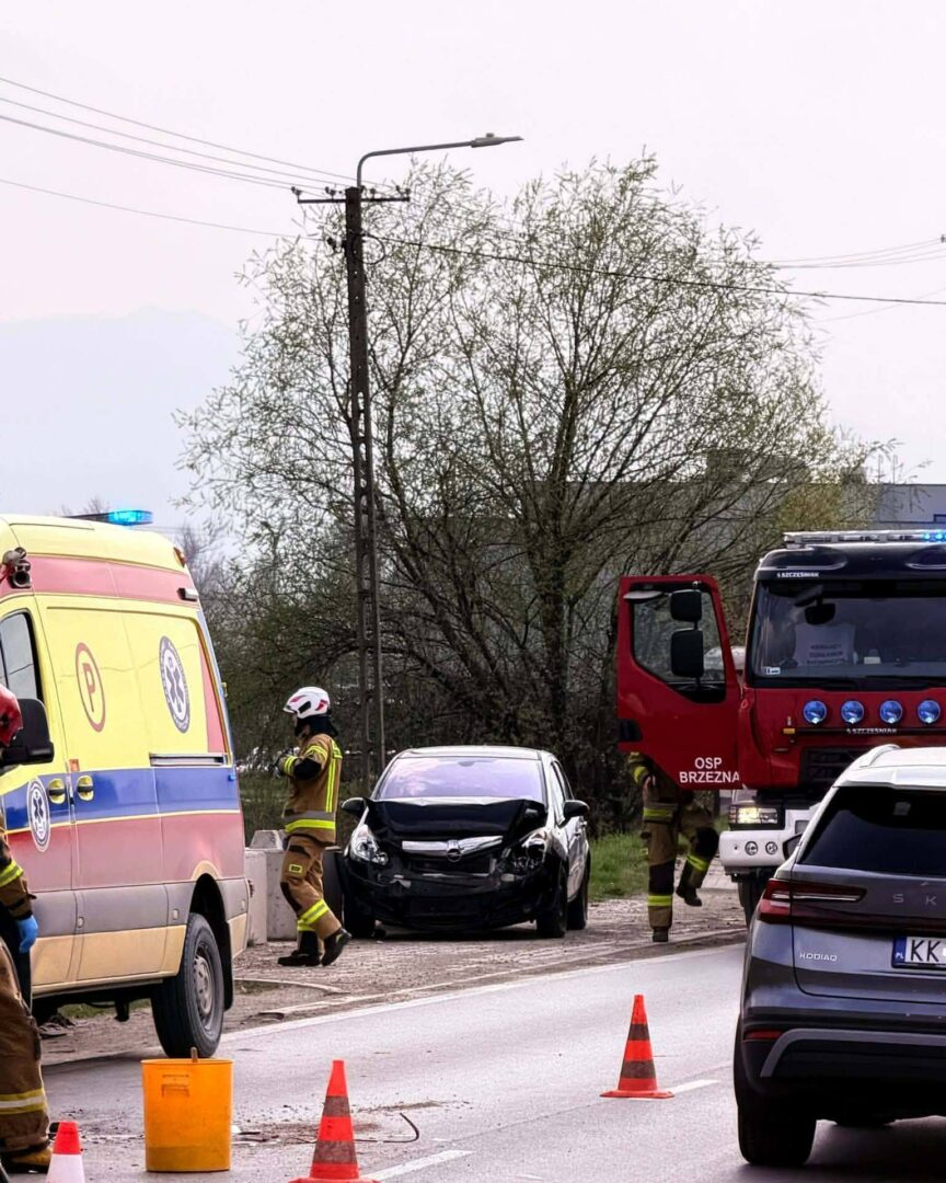 Emergency responders at a car crash on a road, with a damaged black sedan, an ambulance, and a fire truck nearby.