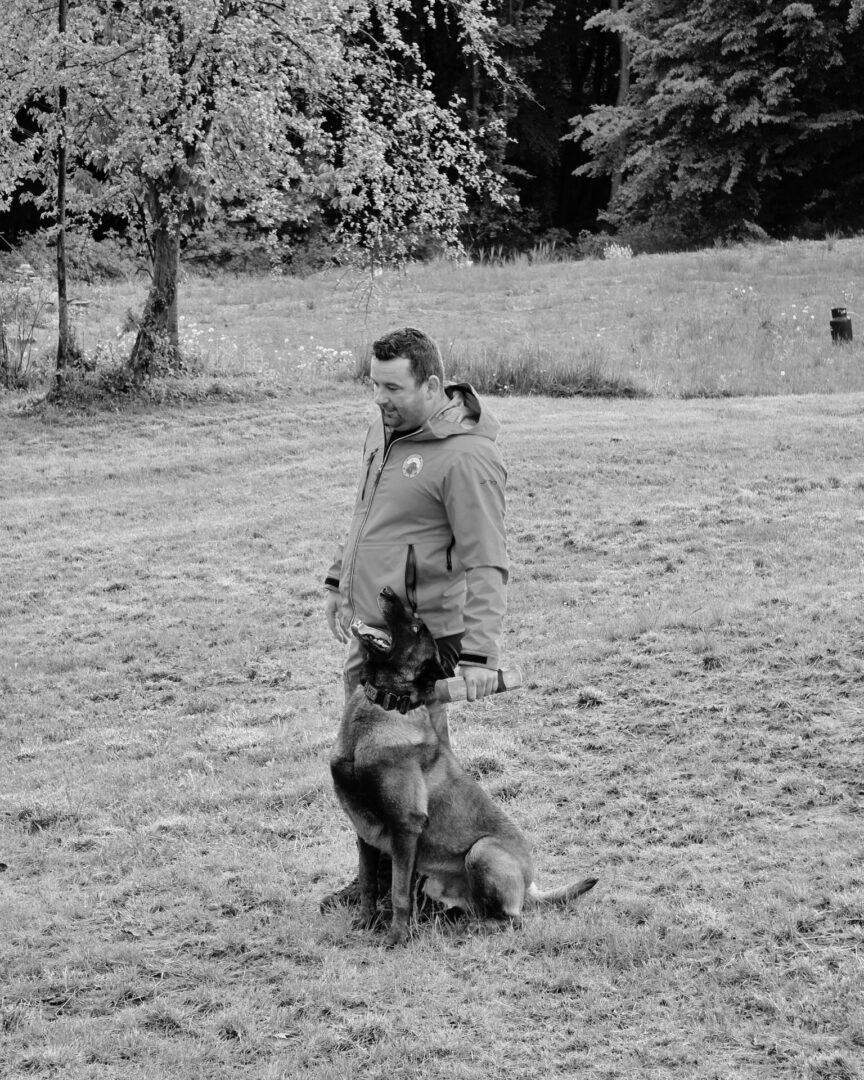Man in a jacket trains a German Shepherd in an open grassy field; dog sits with its mouth on a training sleeve held by the man.