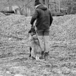 Man in a dark jacket and beanie stands beside a seated dog outdoors near a gravel pile and bare trees.